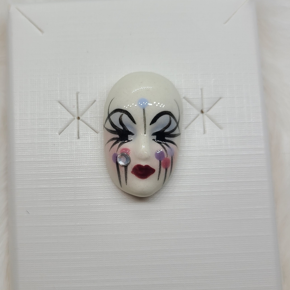 Vintage Fancy Faces Brooch Pin Handpainted Porcelain Mask Balloons w/ Rhinestone